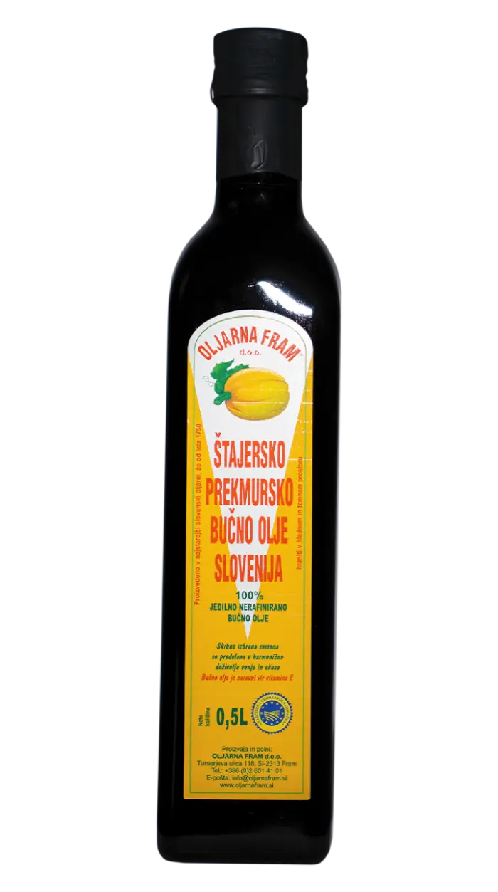 Aceite de semilla de calabaza de Oljarma Fram 0.5 litros. Oljarna Fram Štajersko prekmursko bučno olje slovenija