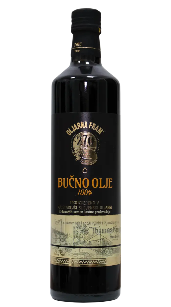 Aceite de calabaza Oljarna Fram. Edición 270 Aniversario. Oljarna Fram Bučno Olje 100% . Proizvedeno v najstarejši slovenski oljarni iz domačih semen lastne proizvodnje